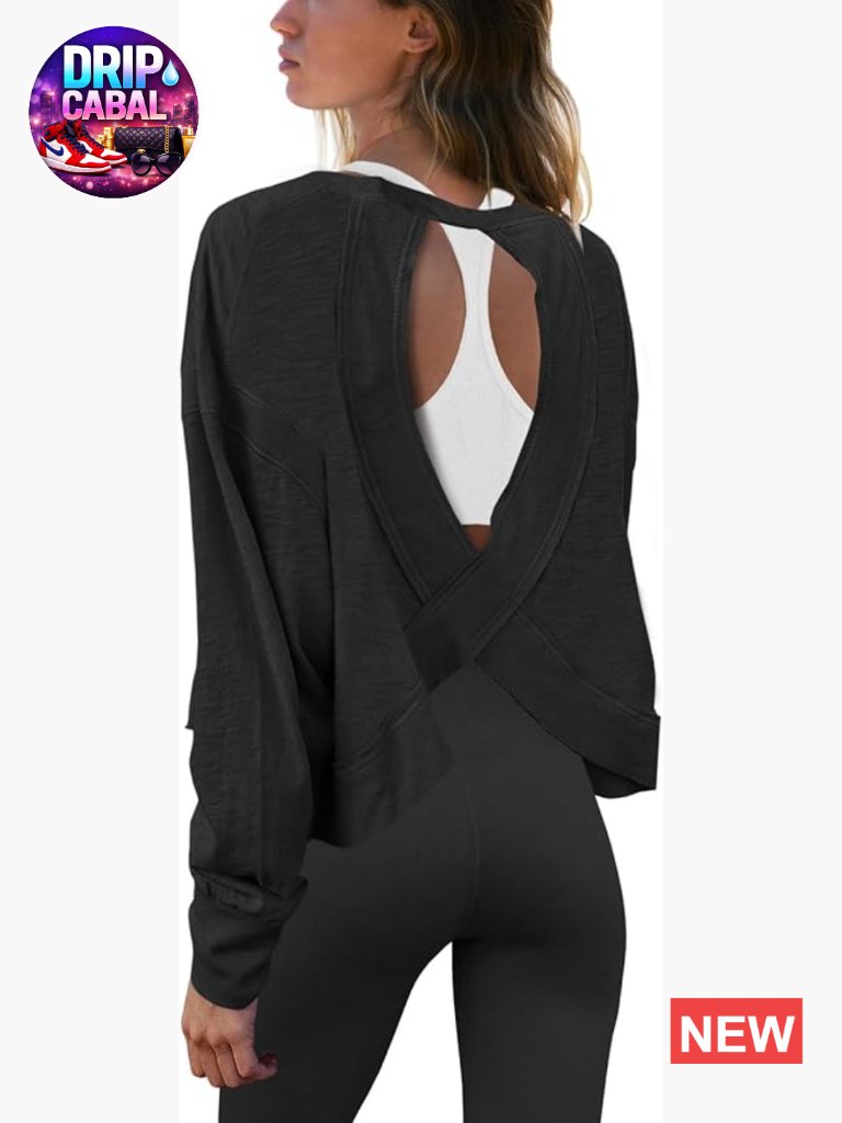 Open Back Workout Top Long Sleeve Athletic Shirt Crop Running Tee Yoga